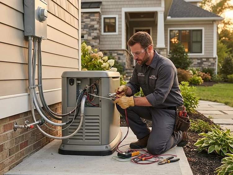 Professional installation of a Generac home standby backup generator outside a New Jersey home