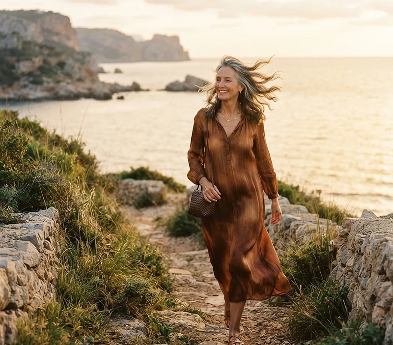 A woman over fifty walking a sunlit coastal path at golden hour