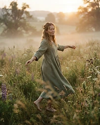 A woman running through a sunlit forest trail