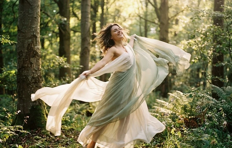 A woman wrapped in dark fabric in a shadowed forest