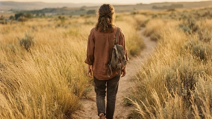 A woman walking her own path at golden hour