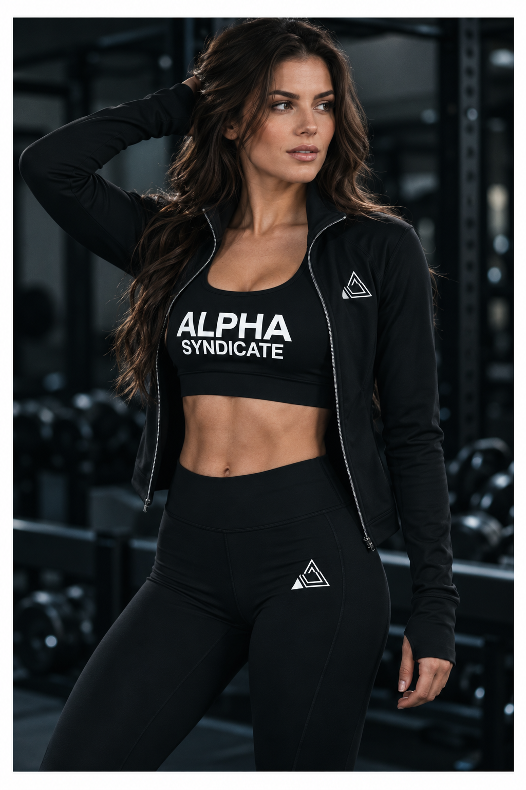 Woman in a black Alpha Syndicate zip-up jacket, branded sports bra and logo leggings standing among squat racks in a modern gym