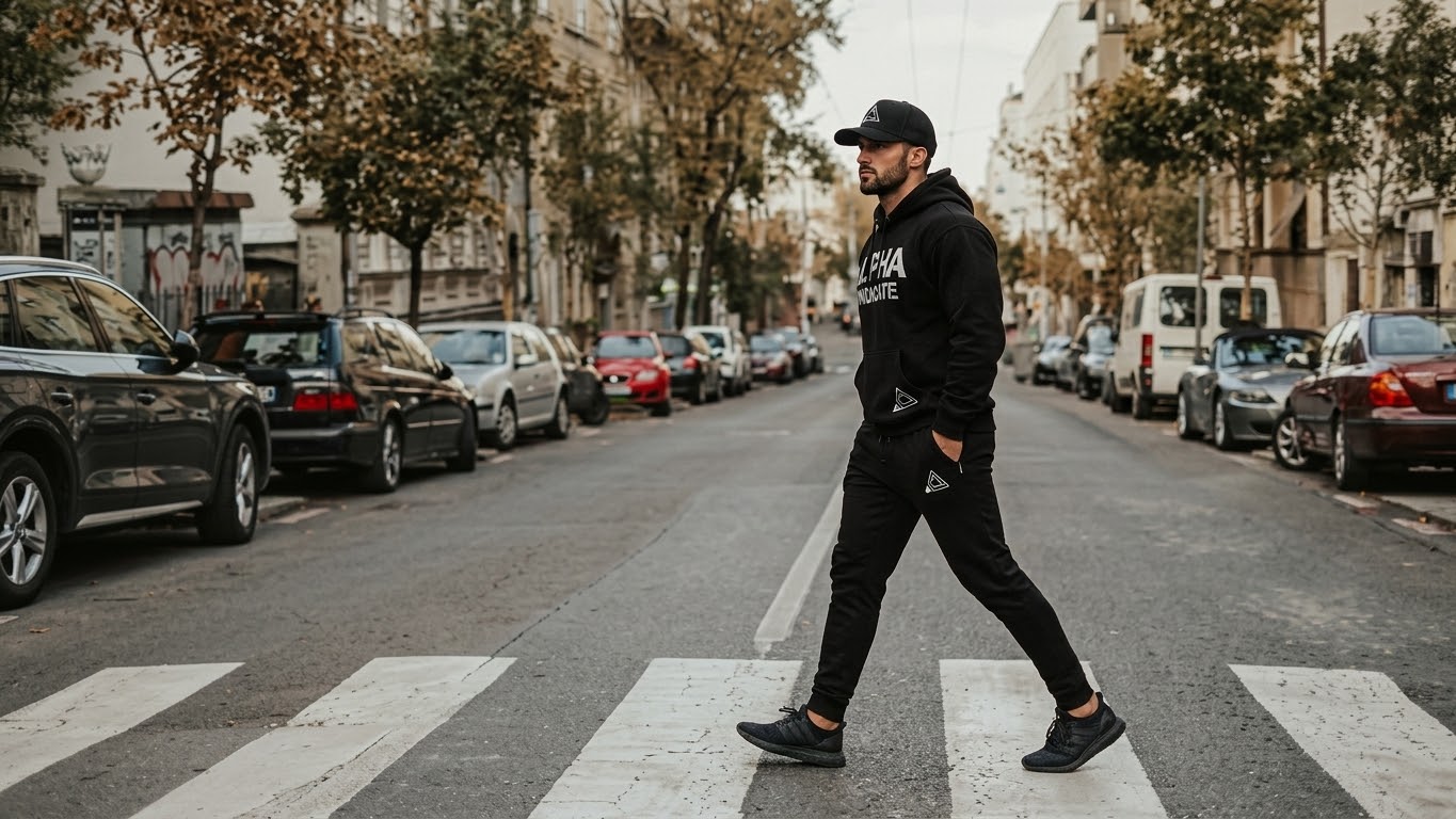 Man in a black Alpha Syndicate hoodie, sweatpants and cap crossing a city crosswalk on an overcast Inland Empire street