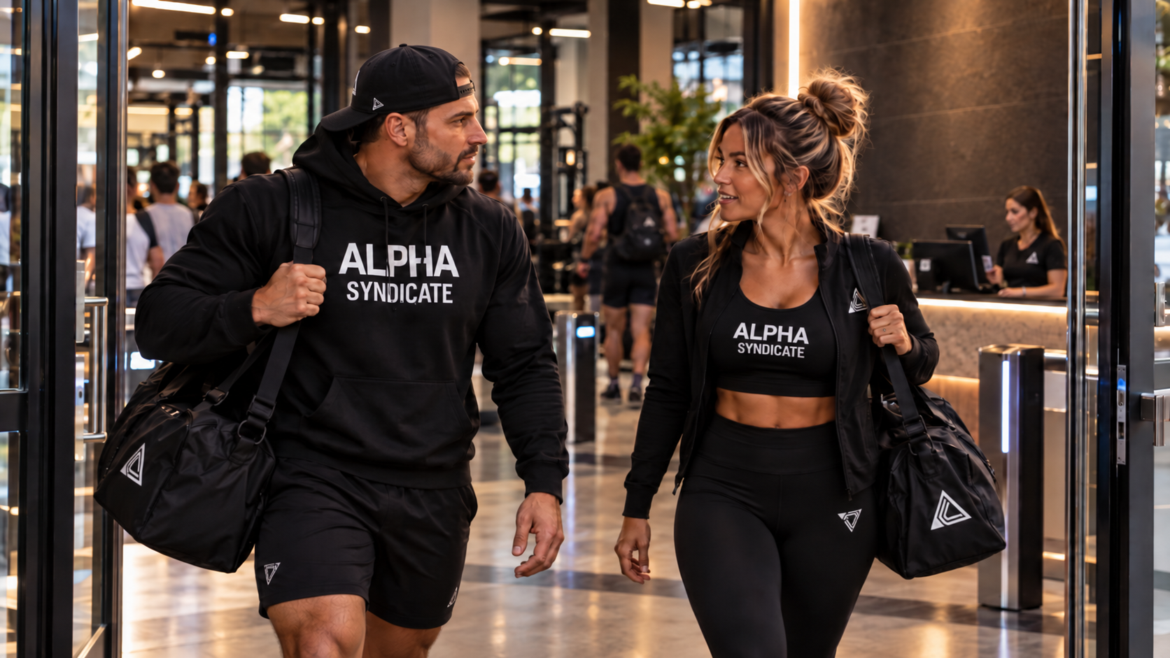 Man and woman in black Alpha Syndicate hoodies, leggings and caps carrying gym bags through the entrance of an Inland Empire fitness club