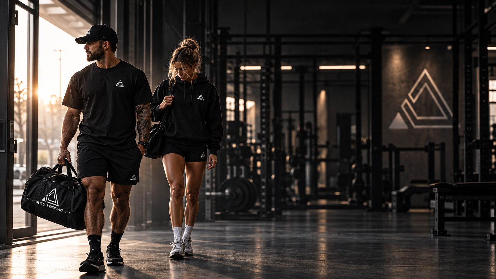 A man and woman in black Alpha Syndicate streetwear walking through a dimly lit industrial gym