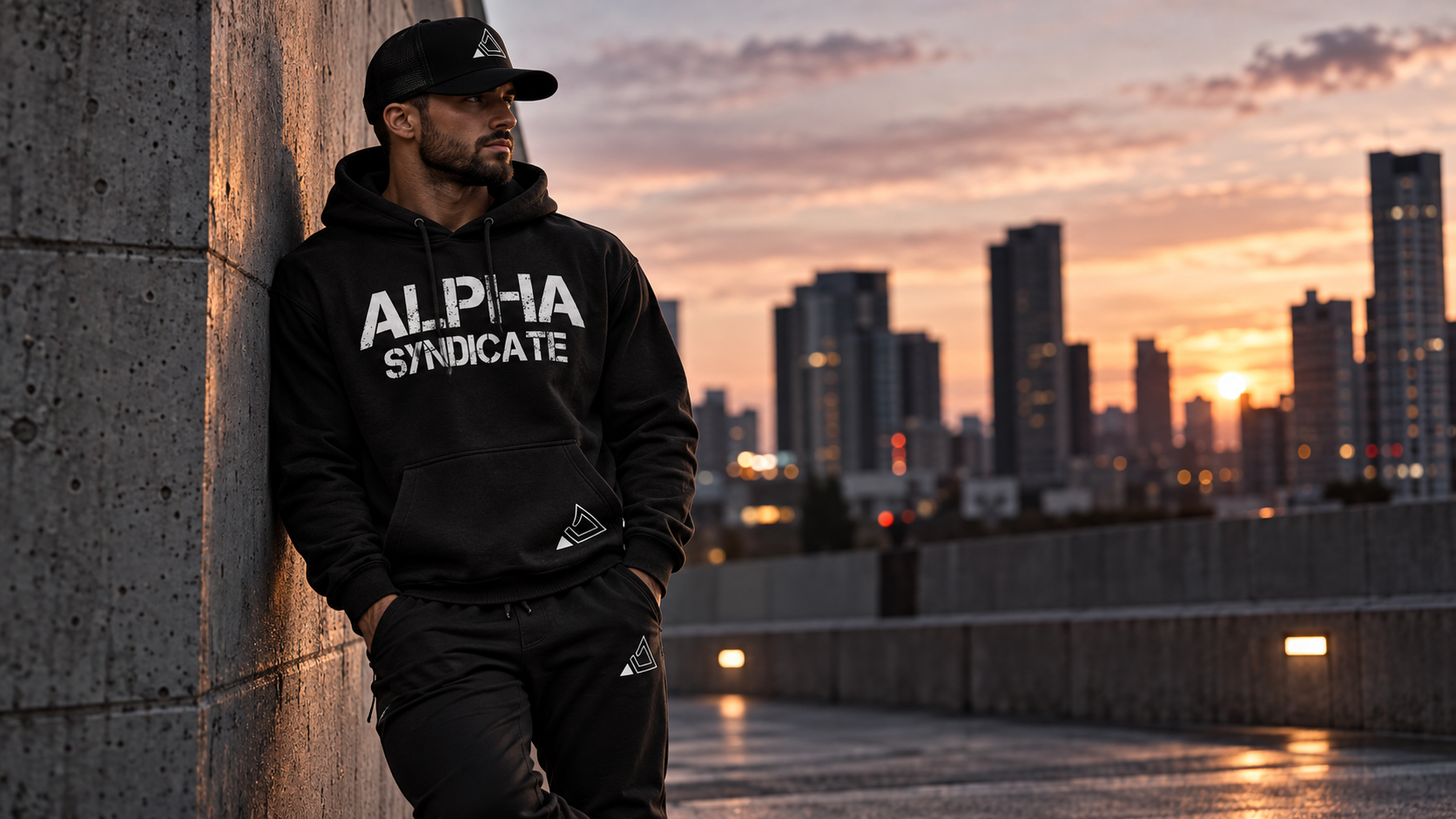 Man in a black oversized Alpha Syndicate hoodie, black joggers and cap leaning on a concrete wall at dusk