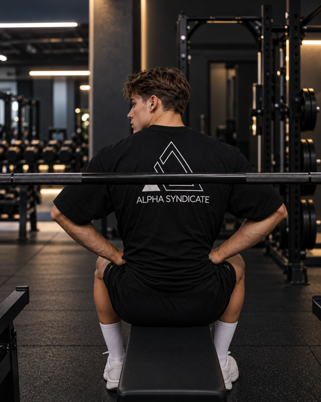 Man in an oversized black Alpha Syndicate graphic tee and shorts sitting on a bench with a barbell in a dimly lit gym
