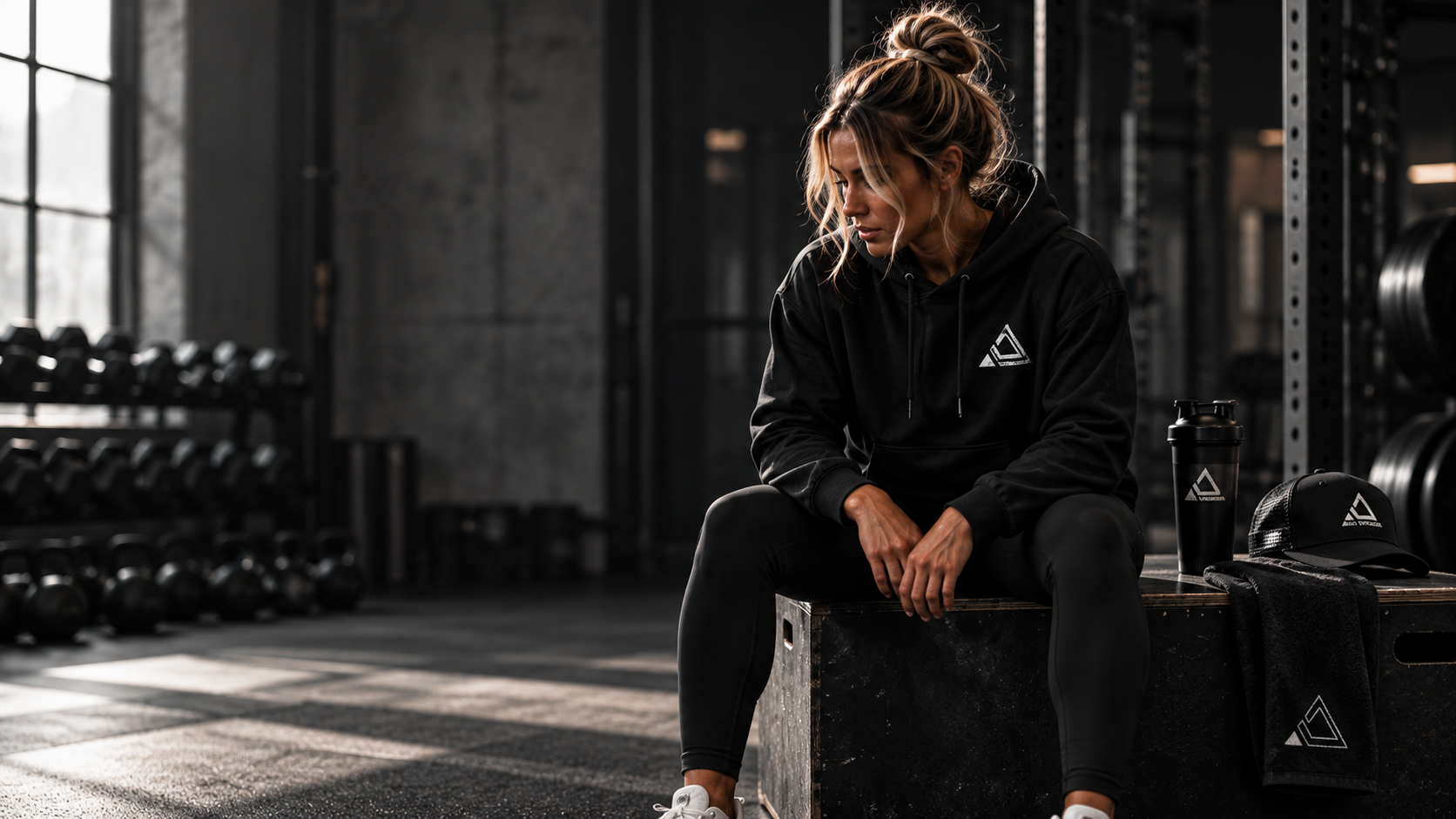 Woman in an oversized black Alpha Syndicate hoodie and black leggings resting on a plyometric box in a dimly lit gym