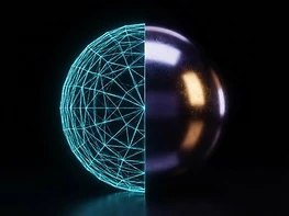 Abstract render depicting the transformation from wireframe to finished 3D asset