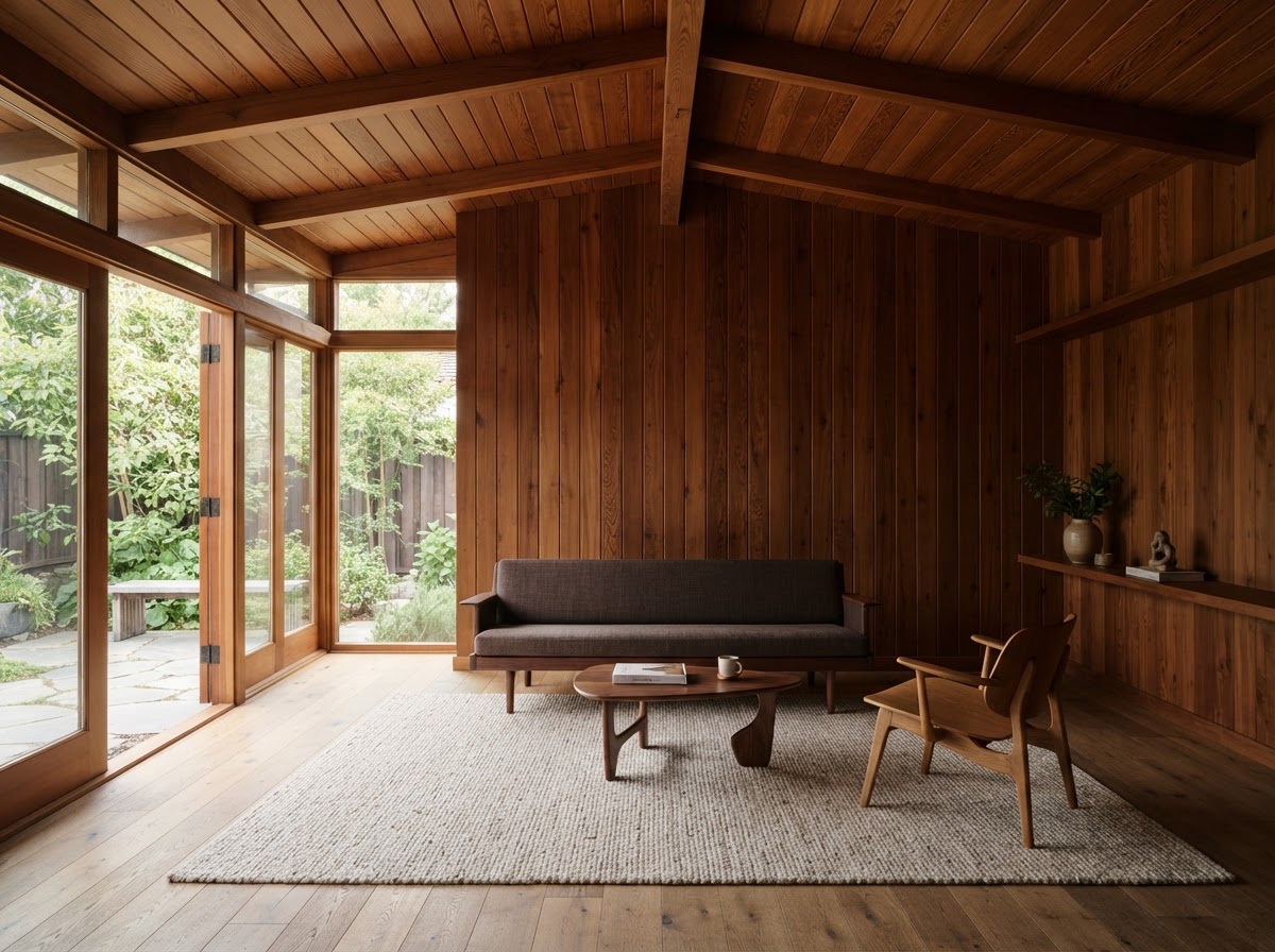 Living space with a thermally modified wood ceiling