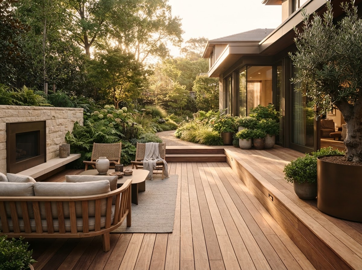 Outdoor living structure with a dark thermally modified wood ceiling and beams