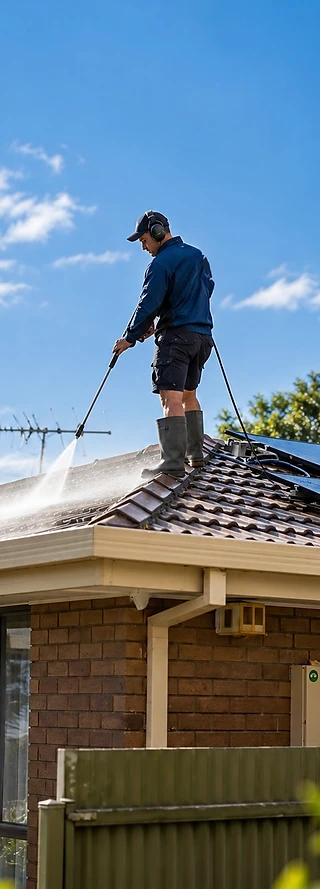 Roofer pressure cleaning a tiled roof