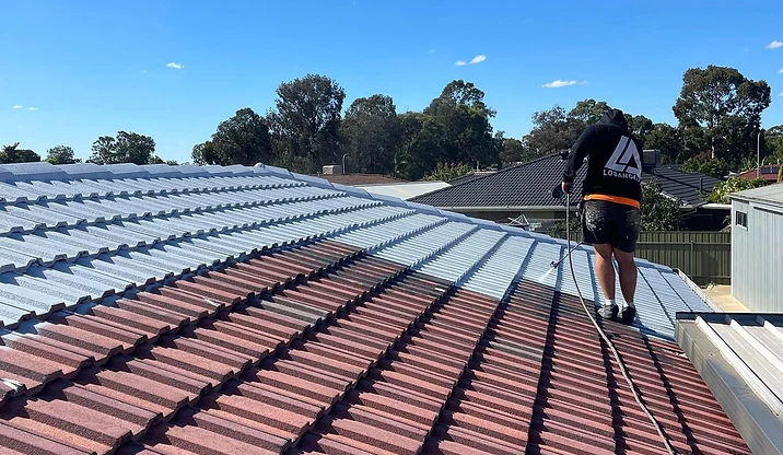 Professional roof cleaning in progress on tiled roof