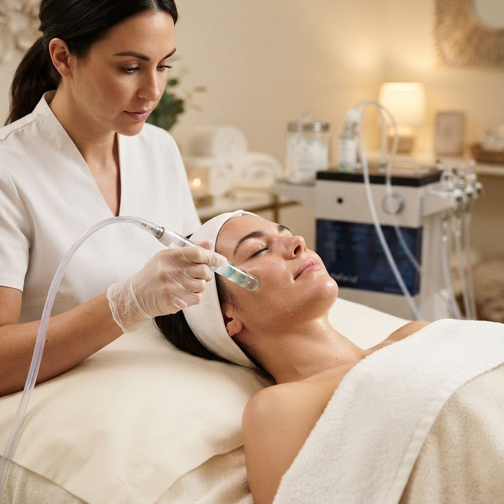 Editorial depiction of a client receiving a hydradermabrasion facial
