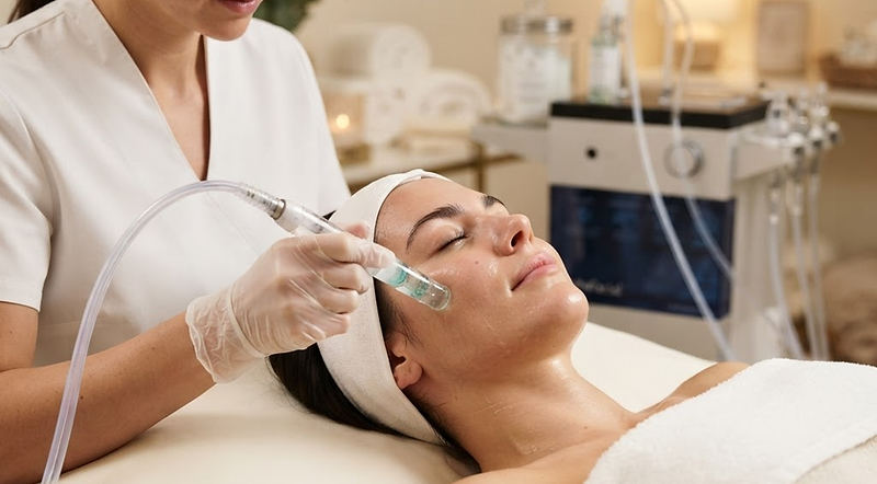 Editorial depiction of a client receiving a hydradermabrasion facial