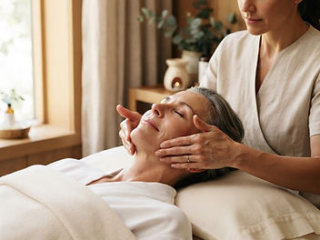 Editorial depiction of a mature client receiving a lifting facial