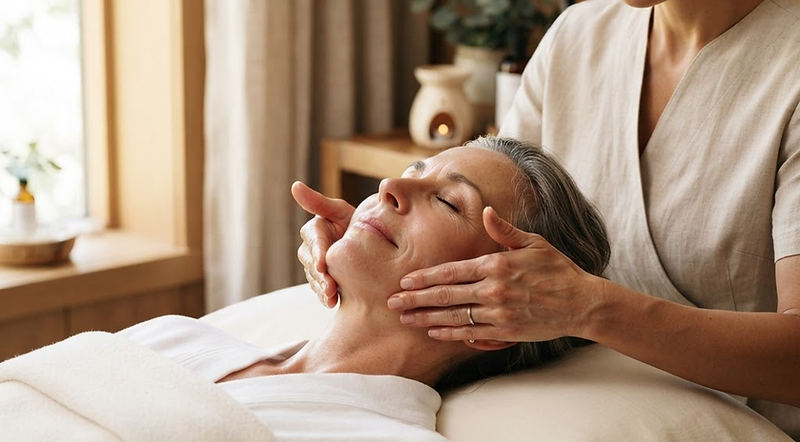 Editorial depiction of a mature client receiving a lifting facial