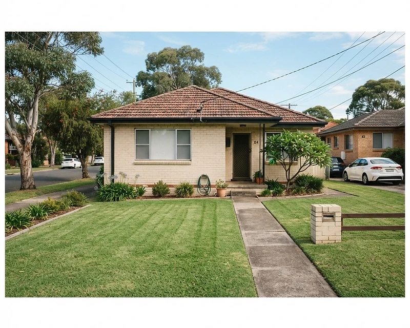 A freshly mown suburban front lawn and family home
