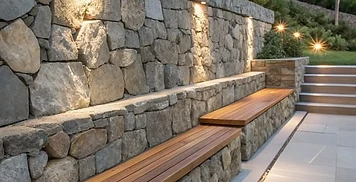 Finished custom stone masonry with integrated timber seating