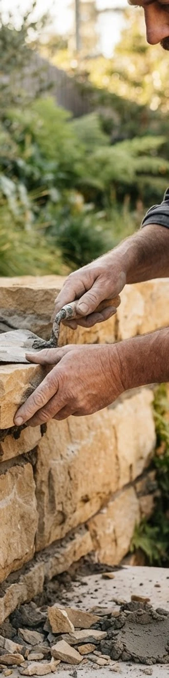 Professional stonemasons building a natural stone wall
