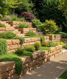 Landscaped natural stone retaining wall viewed at an angle