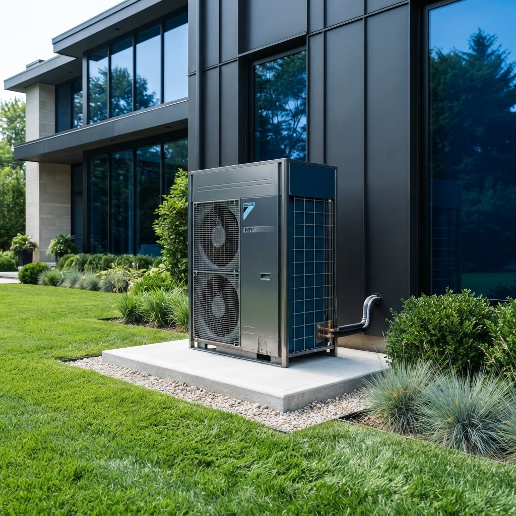 Condensateur extérieur installé sur une pelouse