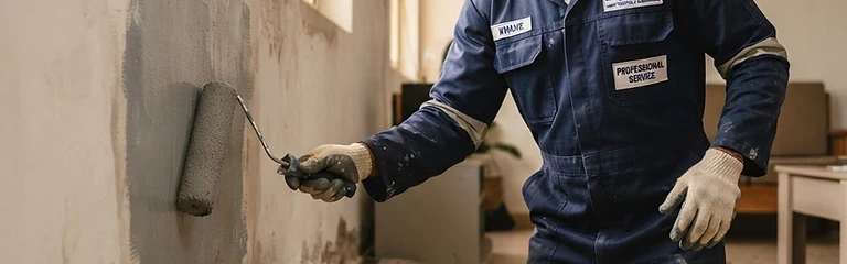 Ghanaian specialist treating a damp interior wall in a residential home