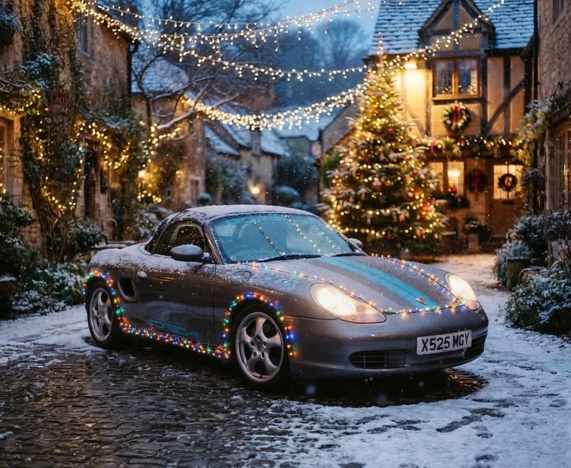 Lloyd's modified seal grey Porsche 986 Boxster — blue PORSCHE stripes and Christmas lights — in the snow