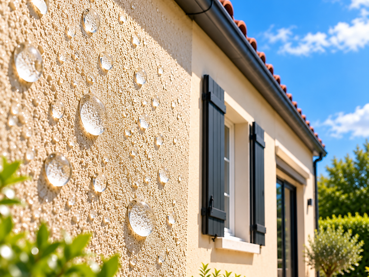 Effet hydrofuge sur façade : gouttes d'eau perlée
