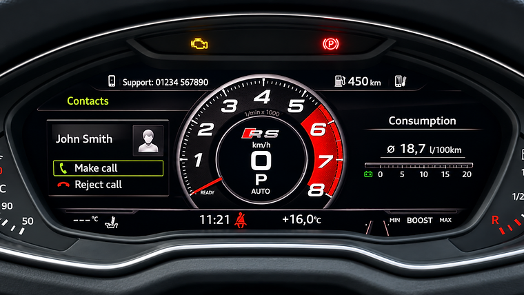 Audi Virtual Cockpit phone menu open over the rev counter, showing a contact with make call and reject call options