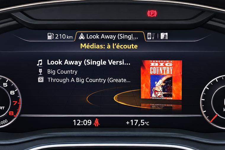 Audi Virtual Cockpit media page showing album artwork with the track, artist and album name