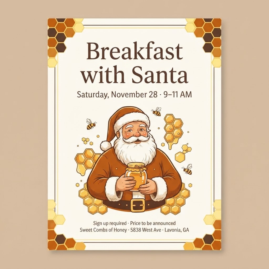 Breakfast with Santa event flyer at Sweet Combs of Honey