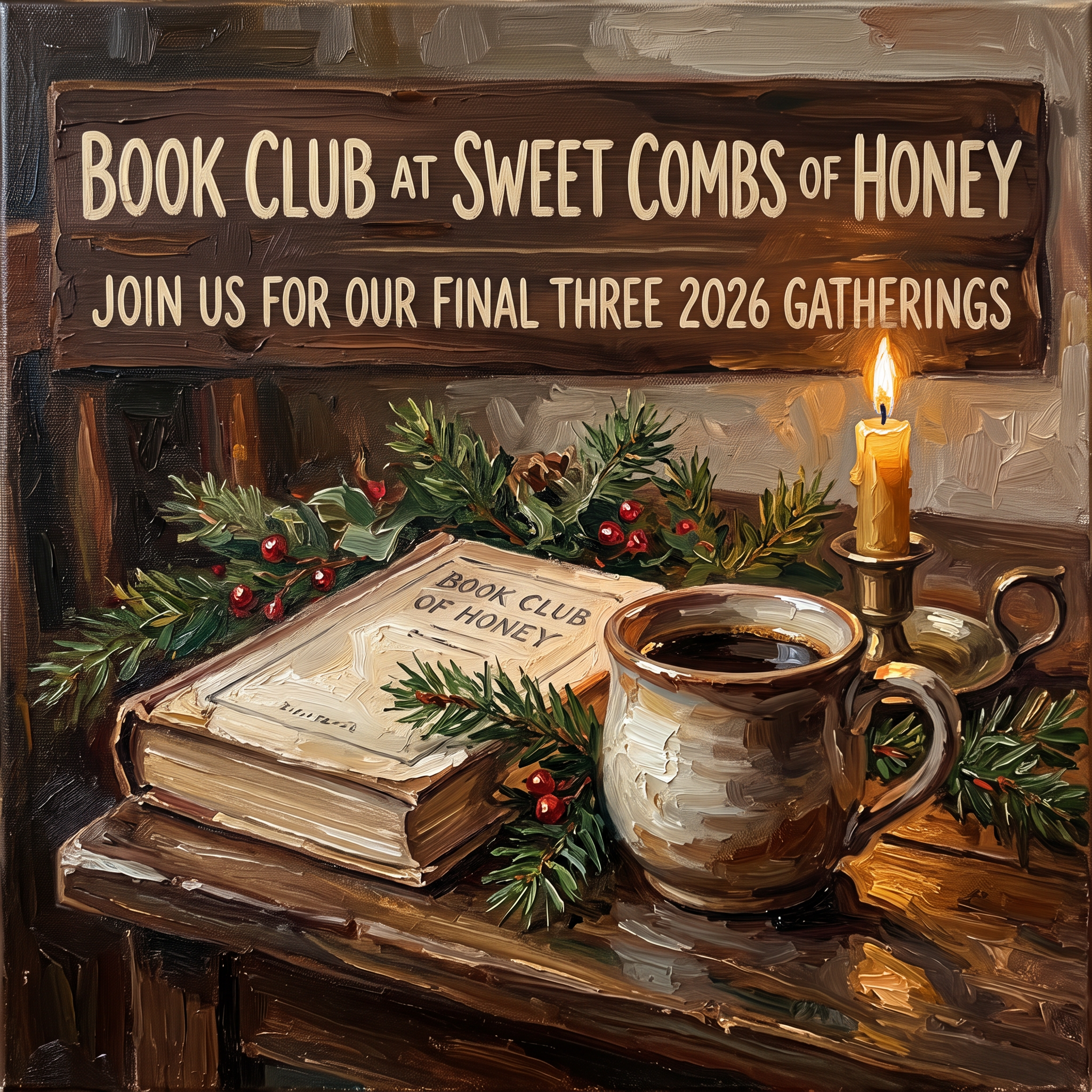 Book Club at Sweet Combs of Honey invitation flyer for the final three 2026 gatherings