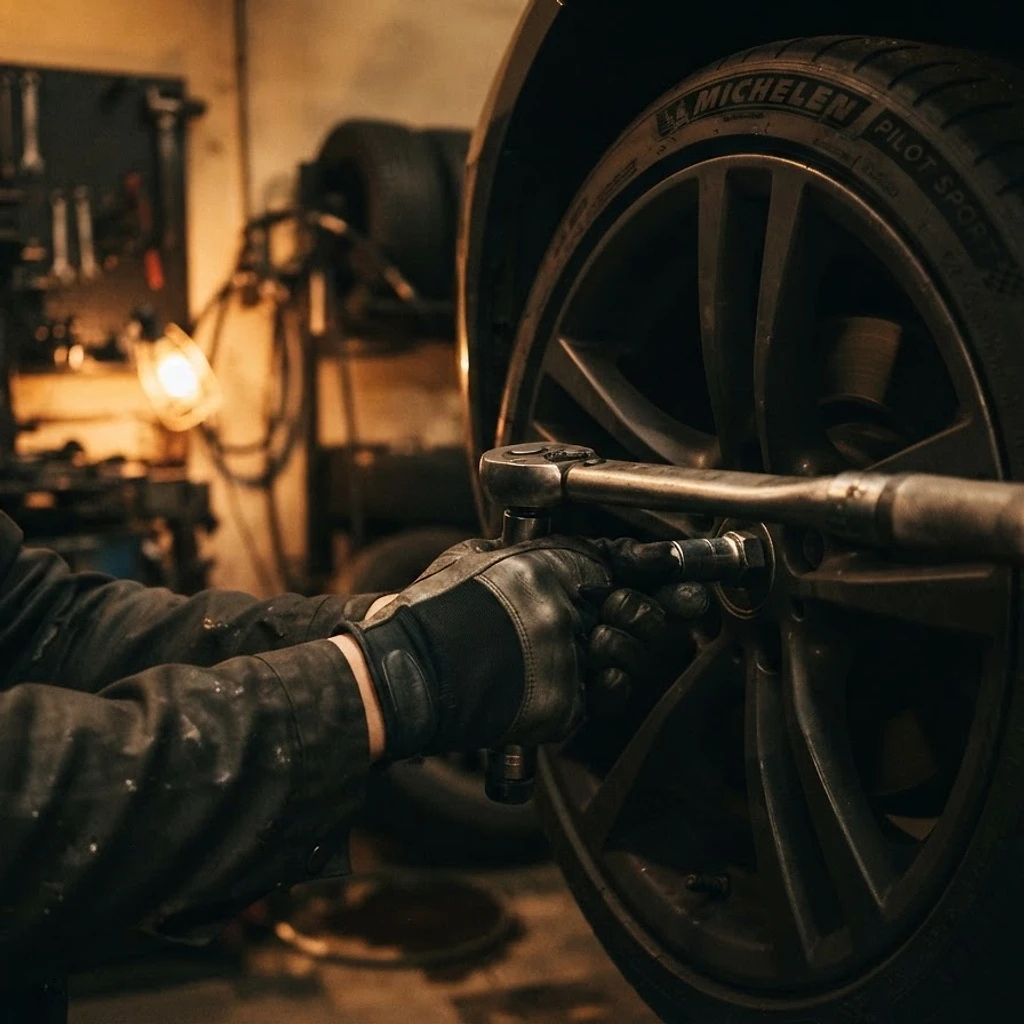 Mechanic tightening wheel nuts