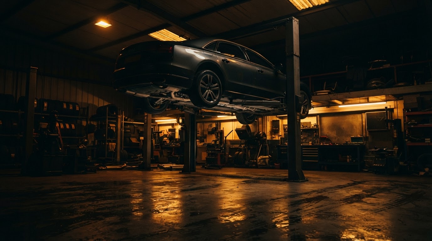 Car raised on a lift in the Atherton workshop
