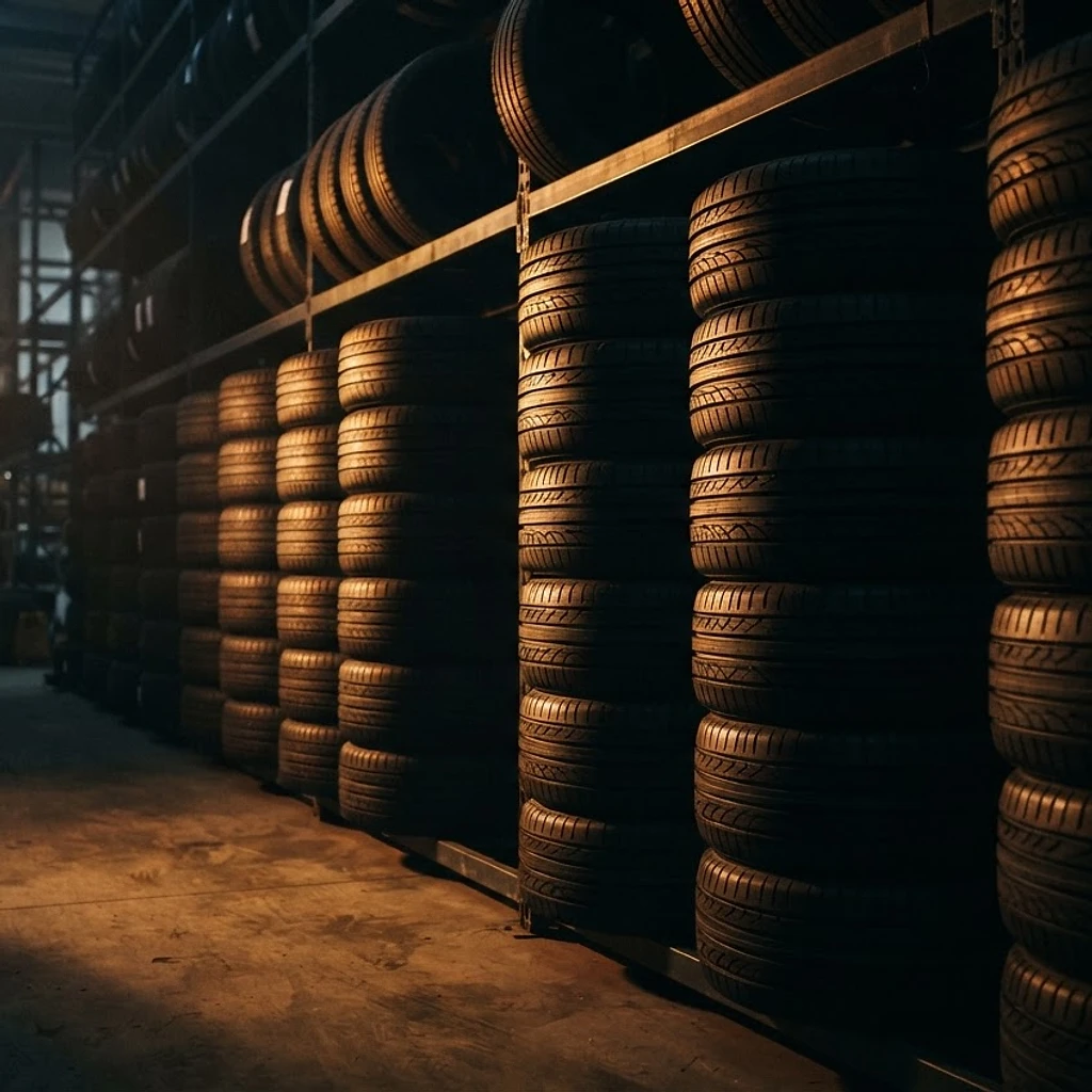 Tyres stacked at the workshop