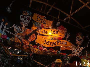 L'insegna Día de los Muertos con gli scheletri musicisti