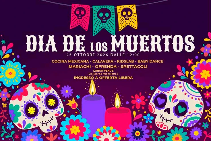 Copertina ufficiale del Día de los Muertos Roma 2026: papel picado colorati, calaveras, candele e fiori su sfondo viola, con la data del 25 ottobre 2026 al Largo Venue.