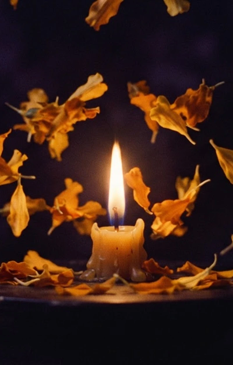 Fiammella di candela circondata da petali di cempasúchil nel buio, simbolo della VI edizione del Día de los Muertos Roma 2026.
