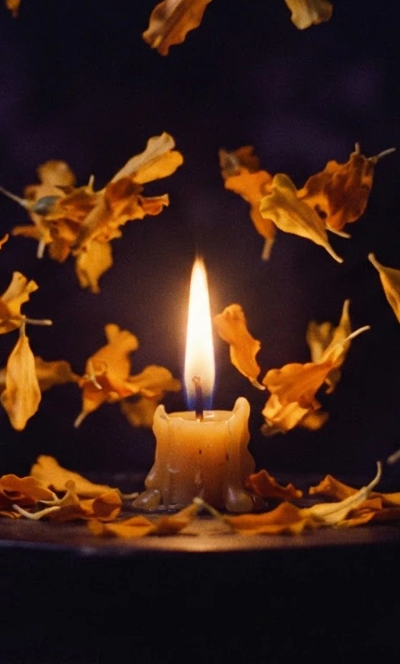Fiammella di candela circondata da petali di cempasúchil nel buio, simbolo della VI edizione del Día de los Muertos Roma 2026.