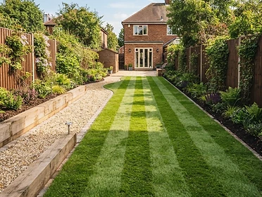 Landscaped garden with new turf and planting beds