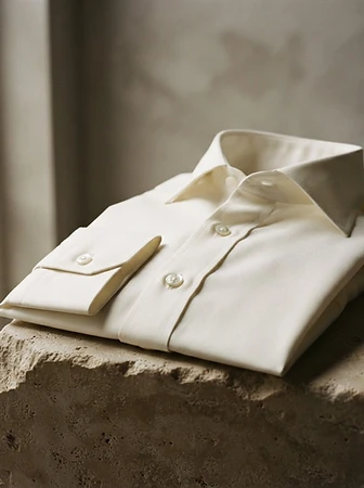 A crisp Egyptian cotton shirt with a sculptural spread collar and mother-of-pearl buttons