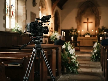 Camera set up at the back of a chapel for a funeral livestream in Columbus, Ohio