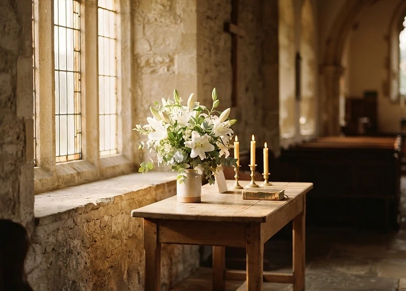 Soft natural light in a quiet chapel with white flowers and candles