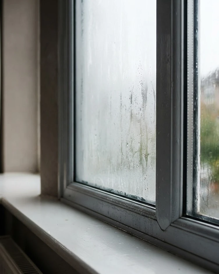 A misted double glazed unit with condensation trapped between the panes