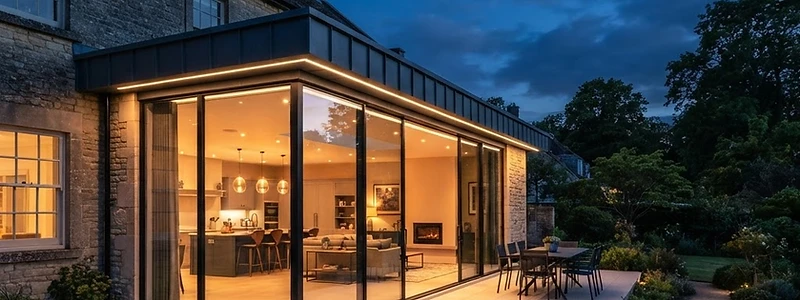 Slim black aluminium sliding doors spanning a contemporary extension at dusk, warm interior light spilling onto the terrace