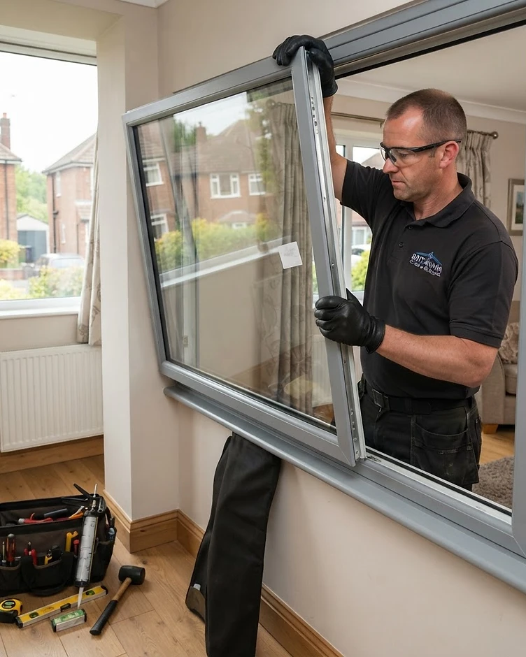 A glazier fitting a new sealed double glazed unit into an existing UPVC window frame