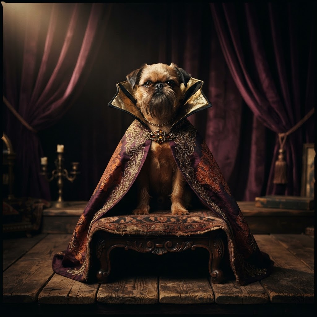 A terrier wearing a theatrical vampire cape, posed on a wooden stage before velvet curtains