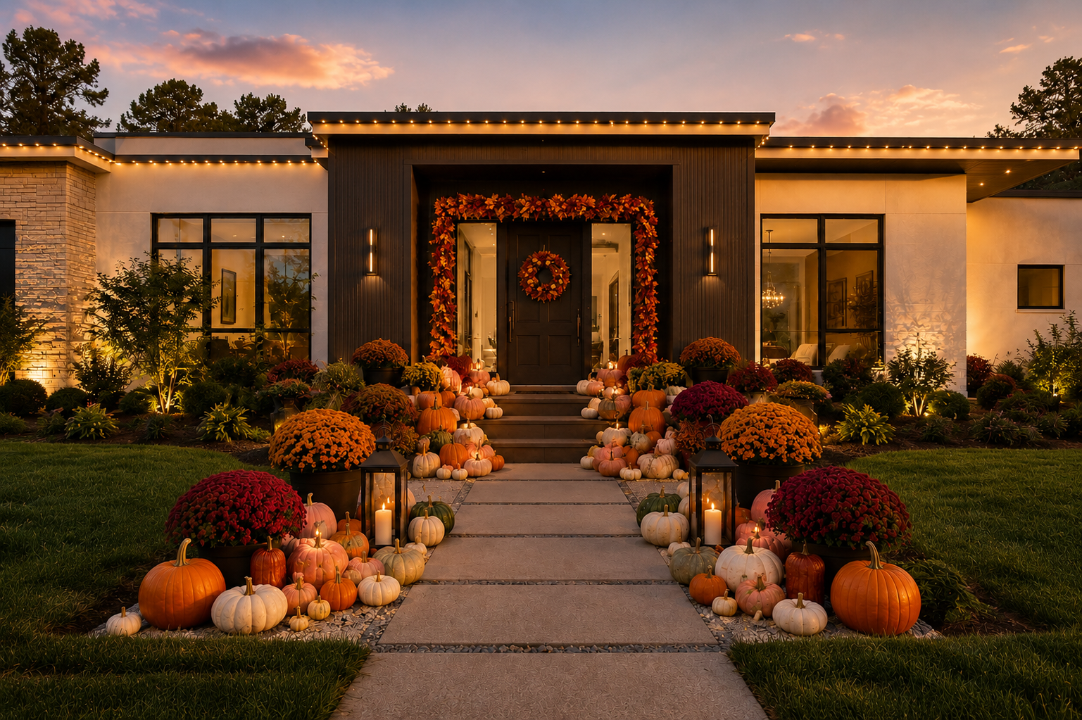 Modern home entrance styled for fall with layered pumpkins, mums, a leaf garland & professional exterior lighting at dusk