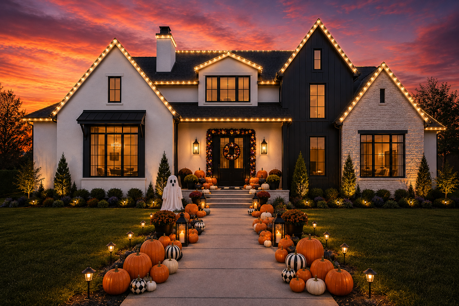 A styled Halloween porch at sunset with roofline lighting, garland, pumpkins & a ghost figure